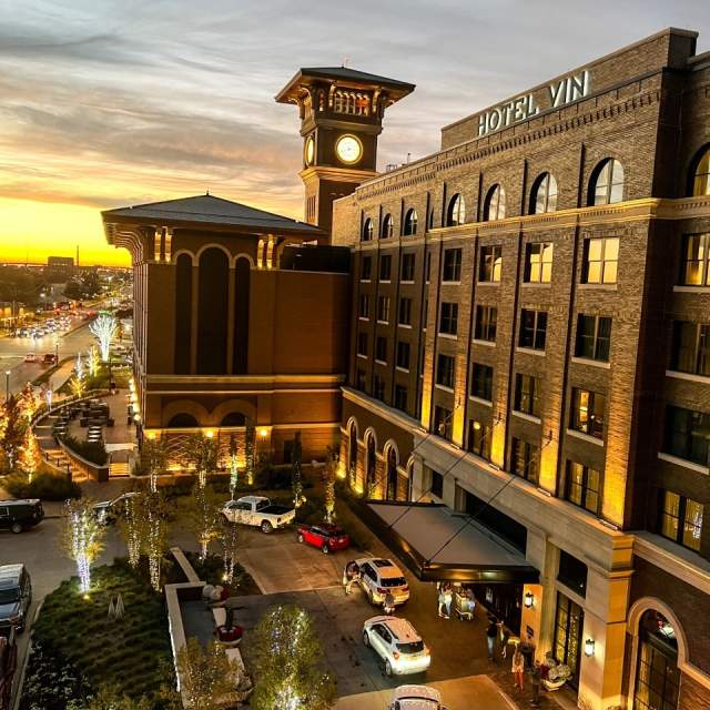 exterior shot of hotel vin at sunrise in grapevine, texas